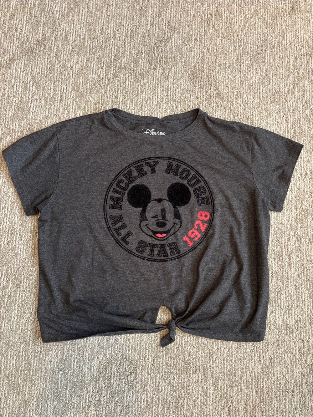 Disney Crop Top Tie Charcoal Gray Black Red Mickey Mouse Tee 1928 All Star